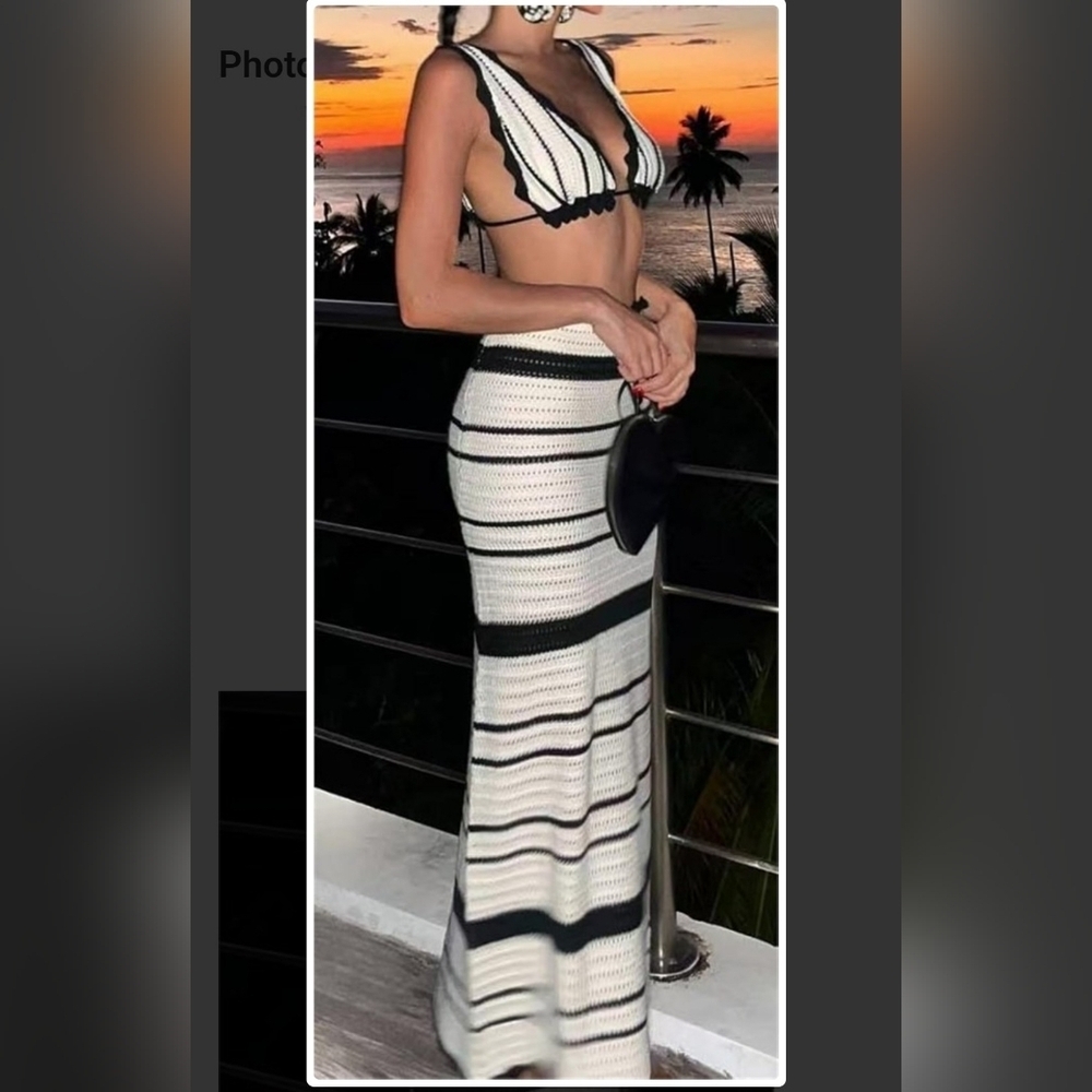 Bold Black and White Striped Crochet Bikini Top And Bodycon Skirt - Picture 2 of 3